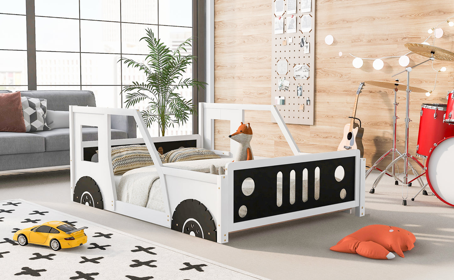 Classic Car-Themed Full Size Platform Bed with Wheels in White