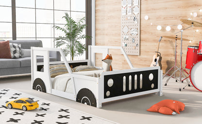Classic Car-Themed Full Size Platform Bed with Wheels in White
