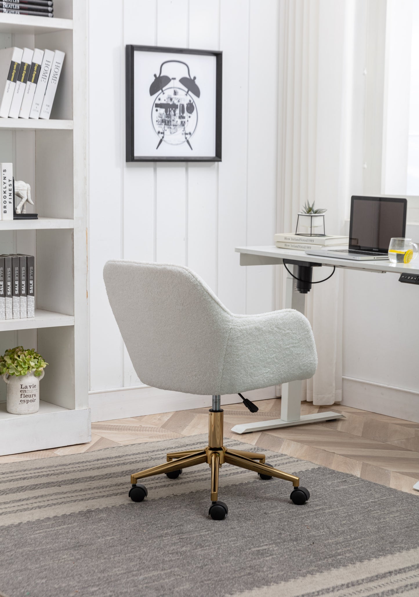 Elegant White Teddy Fabric Home Office Chair with Gold Metal Legs and 360° Swivel Function