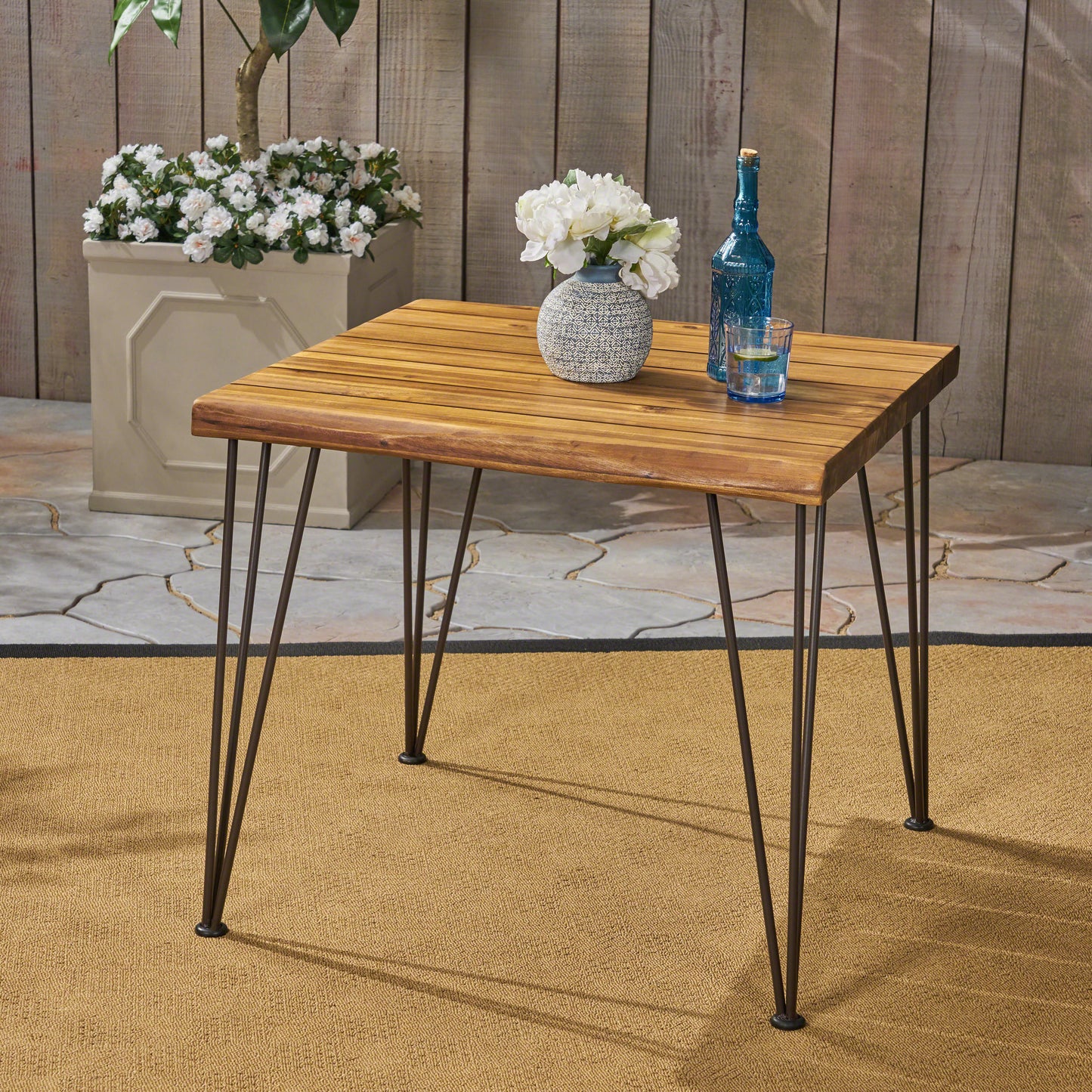 Industrial Wood And Metal Table 32.5 Inch Square Top 32.5 W x 29 H For Office And Living Room Teak