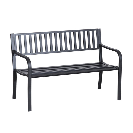 Outdoor Garden Bench With Slatted Steel Seat, 50 Inch Patio Bench For Backyard Poolside Lawn, Weather Resistant Black