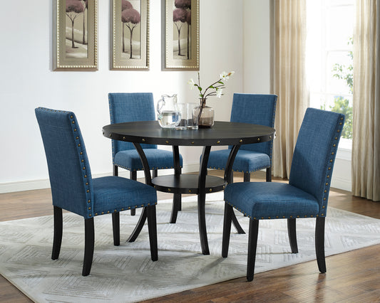 Espresso Wood Round Dining Set With Nailhead Chairs Blue