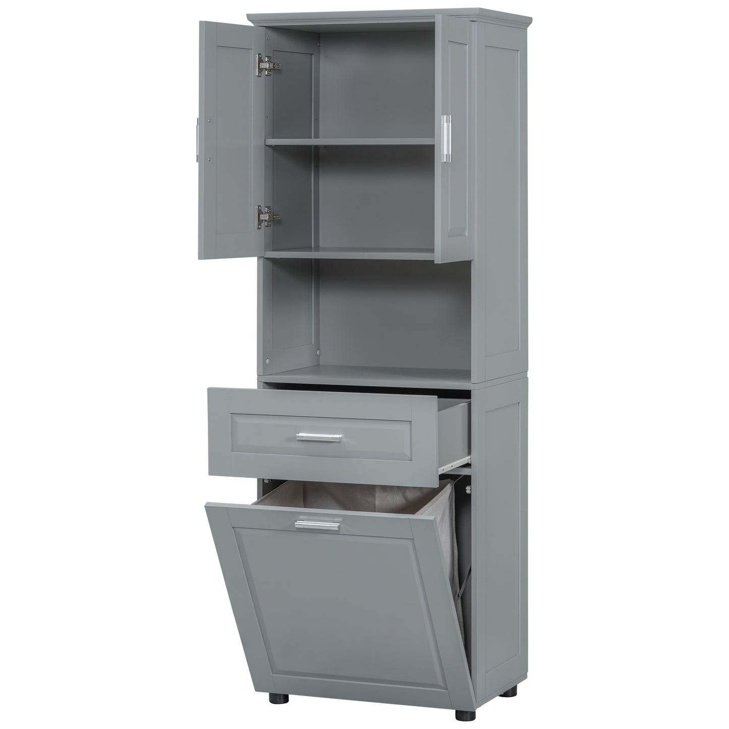Tall Grey Storage Cabinet with Removable Laundry Hamper, Multi-Functional Upper Shelves and Cabinet Doors