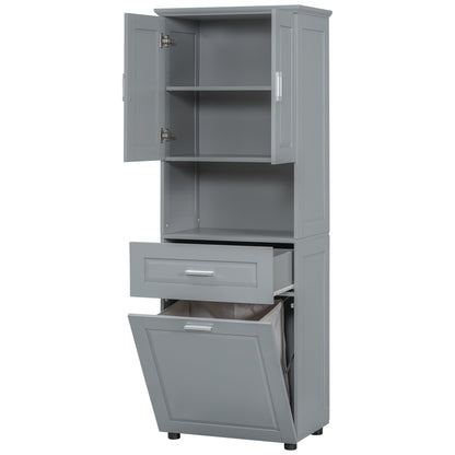 Tall Grey Storage Cabinet with Removable Laundry Hamper, Multi-Functional Upper Shelves and Cabinet Doors
