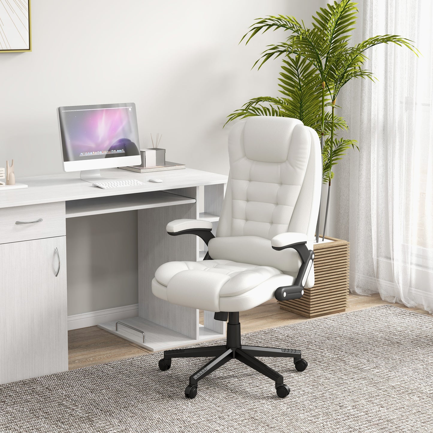 Ergonomic High Back Massage Office Chair with Heated Recline and Remote Control, White PU Leather