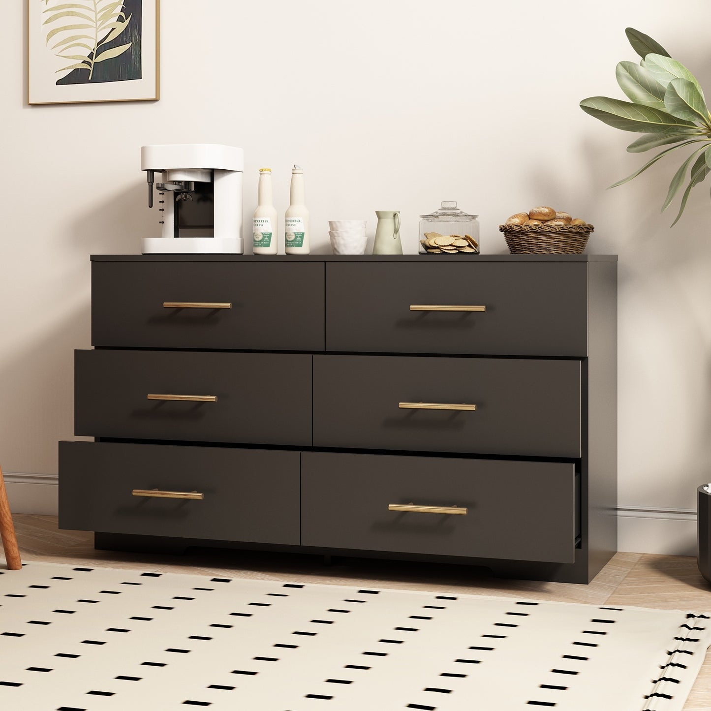 Elegant Black 6-Drawer Dresser with Gold Handles for Stylish Storage