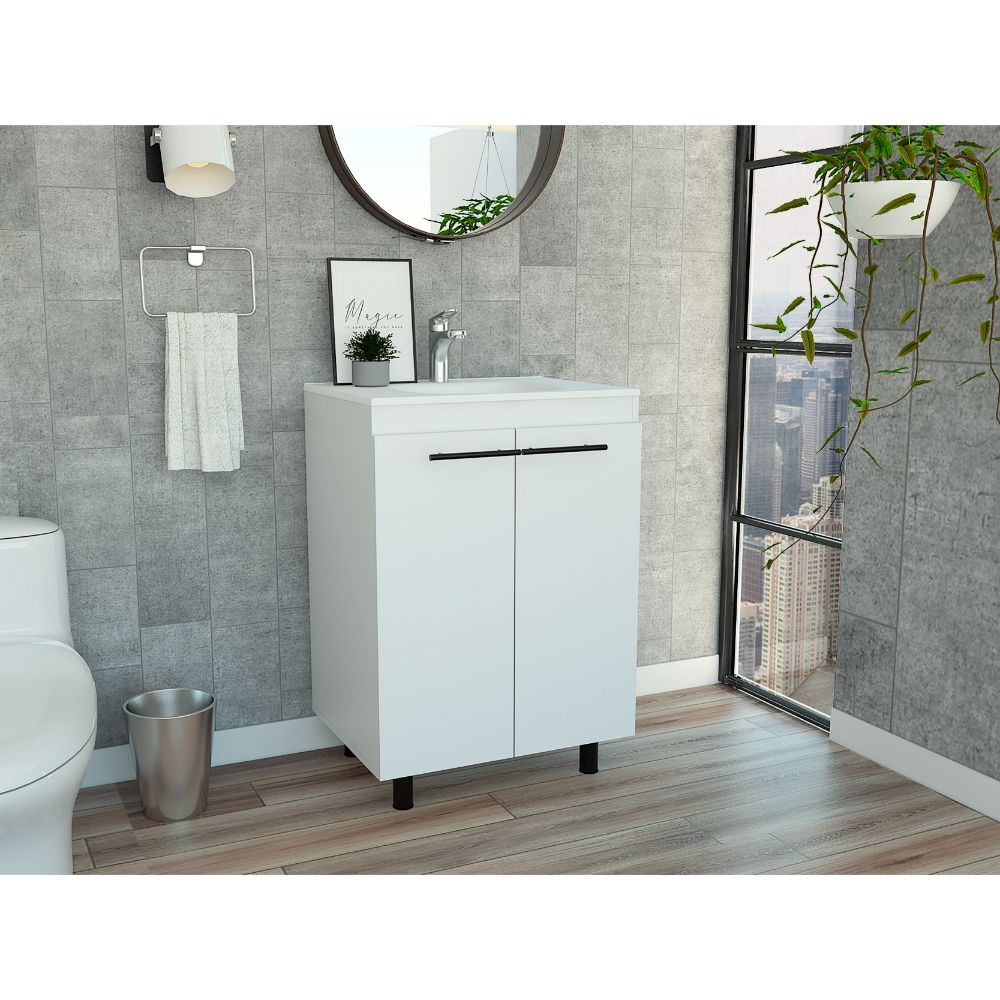 Modern 24" Free Standing White Bathroom Vanity with Double Doors and Two Shelves