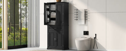 Tall Black Bathroom Storage Cabinet with Adjustable Shelf, Doors, and Drawer for Versatile Organization