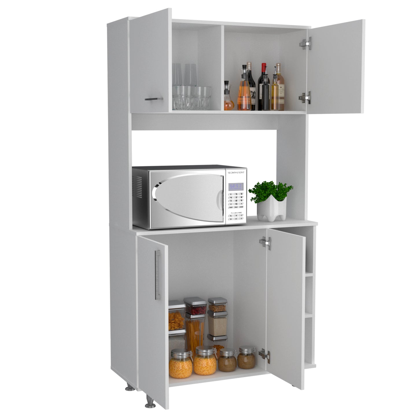 Modern White Freestanding Double Door Pantry Cabinet with Adjustable Legs and Open Shelving