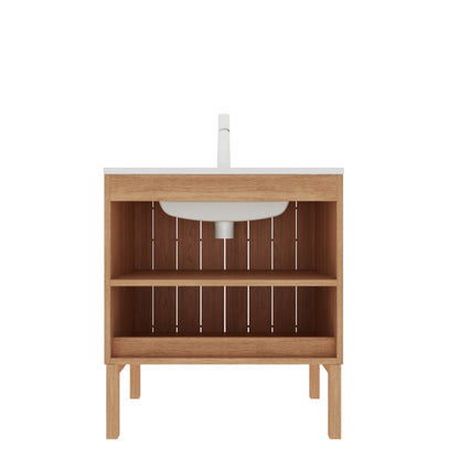 NIKO 30" Modern Freestanding Bathroom Vanity with Double Doors and Glossy White Sink, Natural Wood Finish