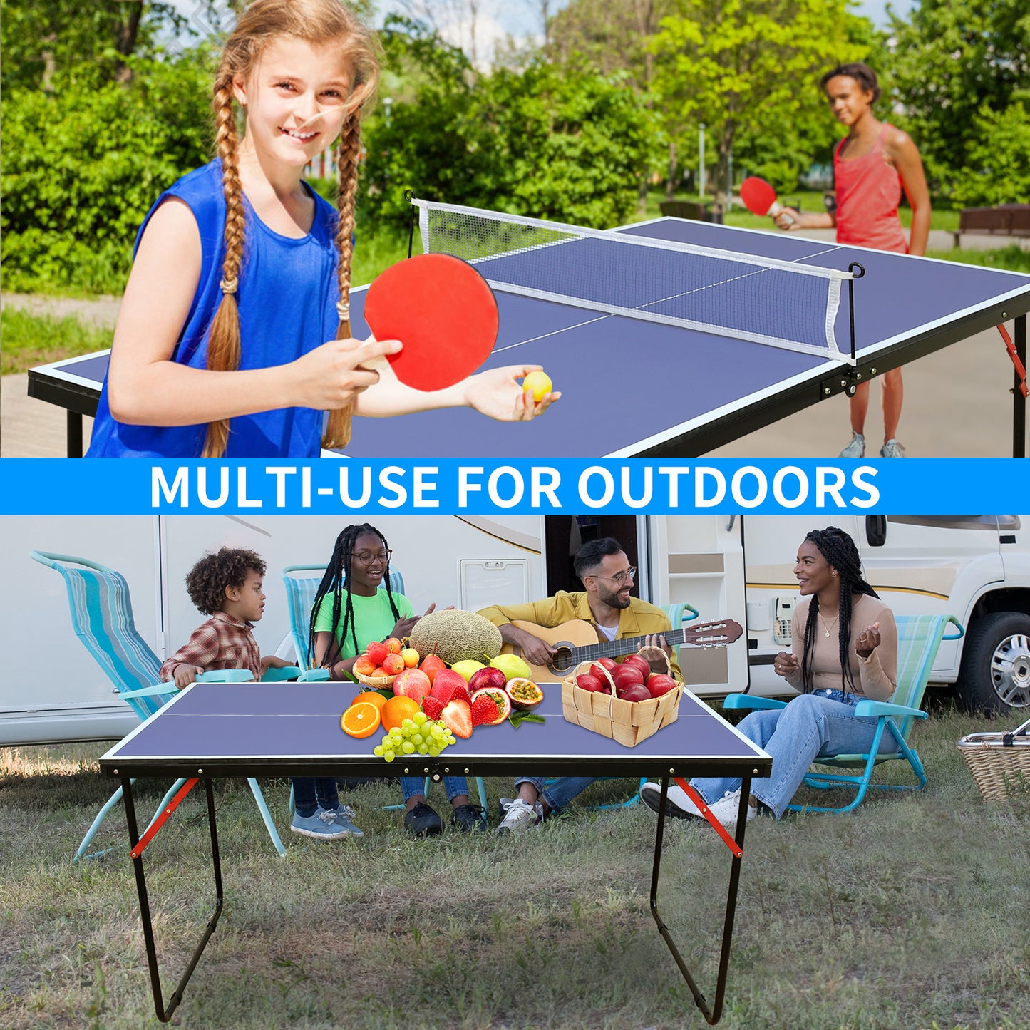 Foldable Table Tennis Table 54x30'' Playing Surface 0.5'' MDF Top, Net & 2 Paddles Indoor/Outdoor Blue