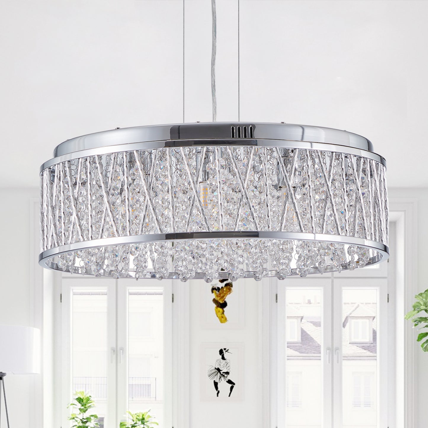 18.9-Inch Round Modern Crystal Chandelier for Dining, Kitchen Island — Flush Mount Ceiling Light Silver