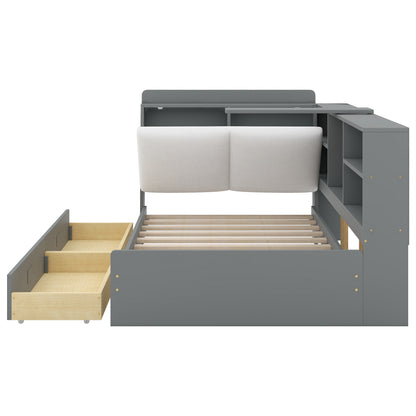 Gray Wood Twin Platform Bed with Storage Headboard, Shelves, and Dual Drawers