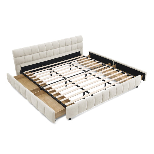 King Size Upholstered Bed with Storage Drawers, Modern Platform, Solid Frame, Chenille Upholstery, Beige