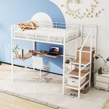 Stylish Full Size Metal Loft Bed with Integrated Desk and Storage Solutions in White