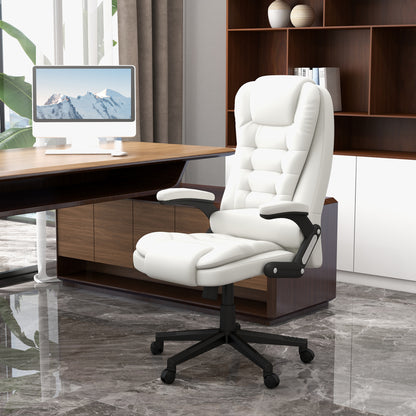 Ergonomic High Back Massage Office Chair with Heated Recline and Remote Control, White PU Leather