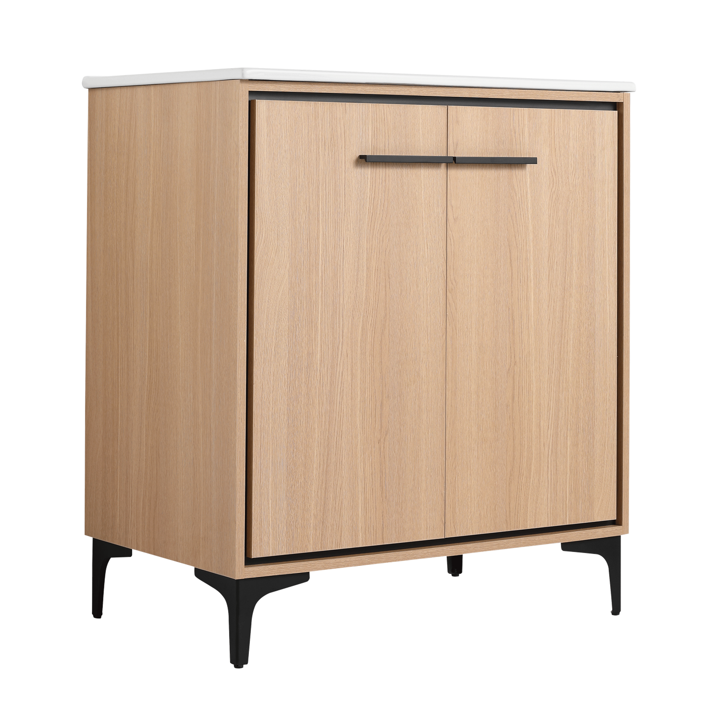 30-Inch Oak Bathroom Vanity Base with Ceramic Basin and Double Door Storage Cabinet