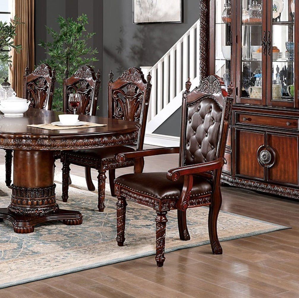 Traditional 2pcs Arm Chairs Brown Cherry Solid wood Dark Brown Leatherette Seats Tufted Back Formal Dining Room Furniture