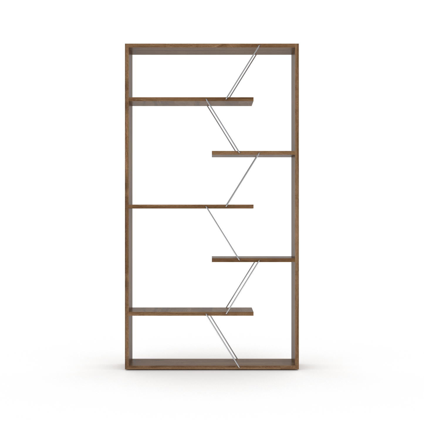 Walnut and Chrome Industrial 6-Shelf Wood Frame Etagere Bookcase for Modern Offices and Living Rooms