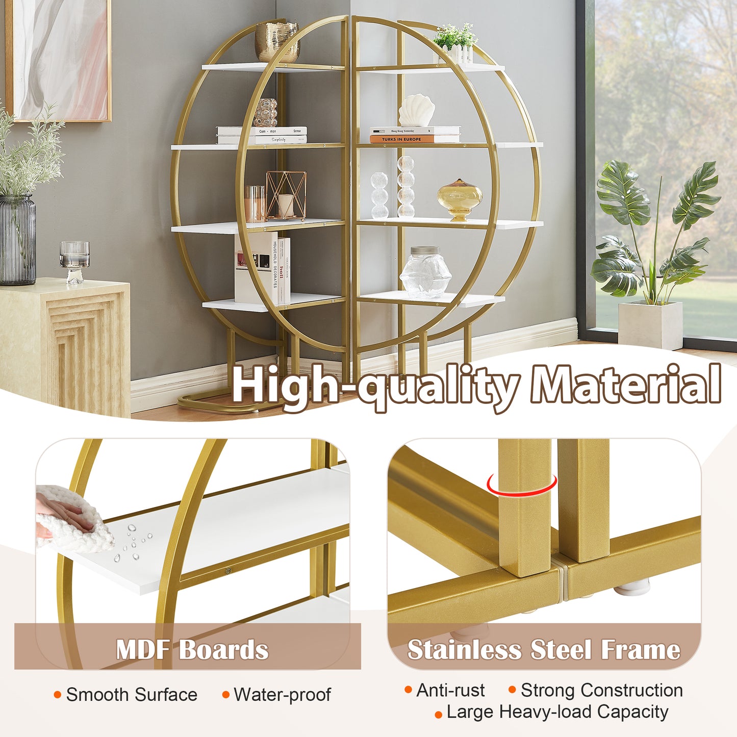 Modern 4-Tier Round Open Bookshelf with Gold Metal Frame and Adjustable Placement Options