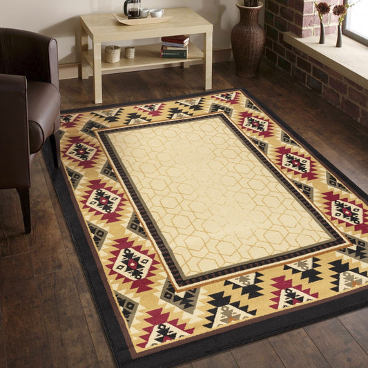 Southwestern Style Area Rug, 2 ft 7 in x 7 ft 3 in, Polypropylene, Stain-Resistant, Kid-Friendly, Cream