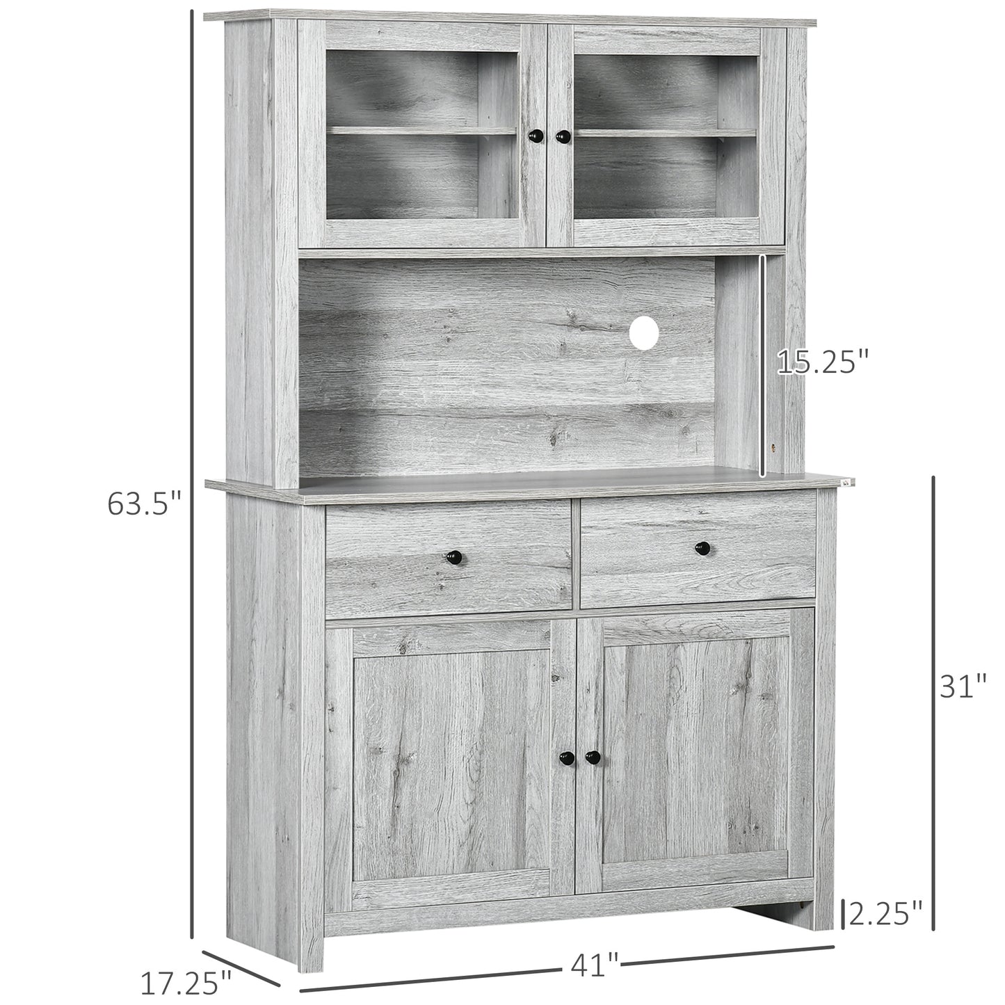 Rustic Ash Grey Kitchen Pantry Buffet with Adjustable Shelves and Glass Doors