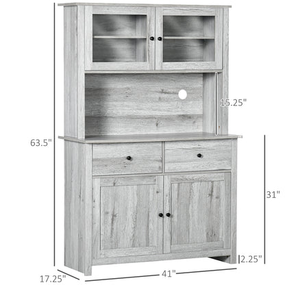 Rustic Ash Grey Kitchen Pantry Buffet with Adjustable Shelves and Glass Doors