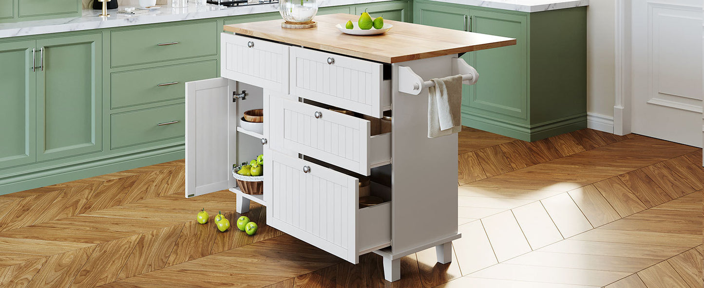 Rustic White Farmhouse Kitchen Island Set with Drop Leaf, 2 Stools, and Ample Storage