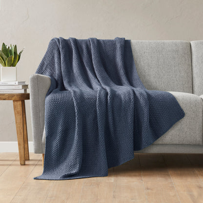 Knit Throw Blanket 50 x 60 in, 100% Acrylic, Living Room Cottage-Style All-Season, Machine Washable, Blue