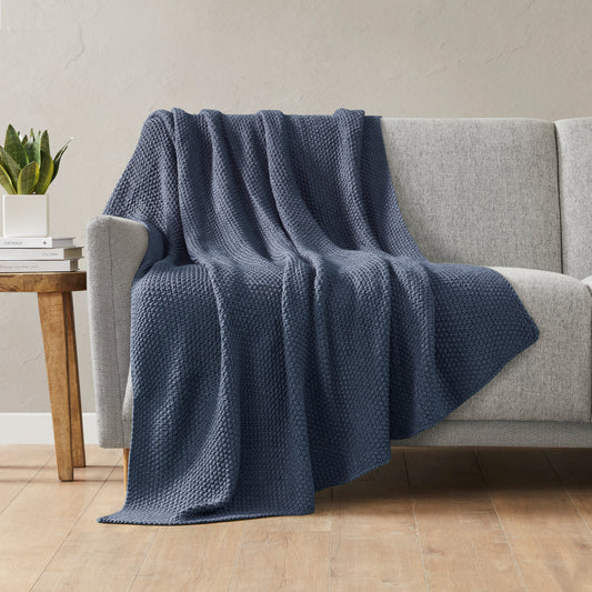 Knit Throw Blanket 50 x 60 in, 100% Acrylic, Living Room Cottage-Style All-Season, Machine Washable, Blue