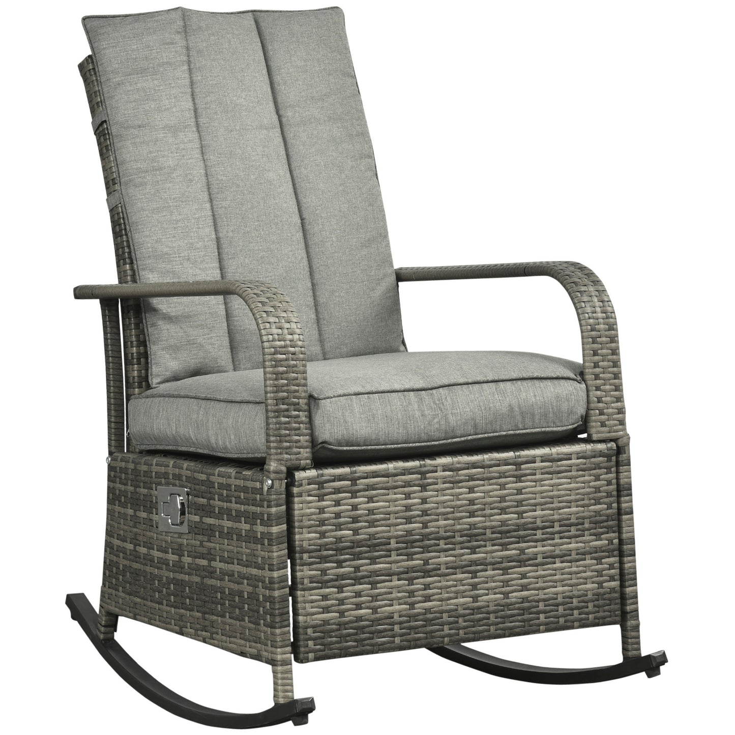 Outdoor Rattan Rocking Chair With Cushions And Adjustable Footrest Patio Recliner PE Wicker 135 Degree Backrest Gray