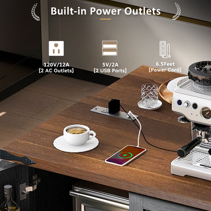 54.5" Rustic Farmhouse Kitchen Island with Power Outlet, Internal Storage, Drop Leaf, and Rolling Wheels for Home and Dining Room - Black