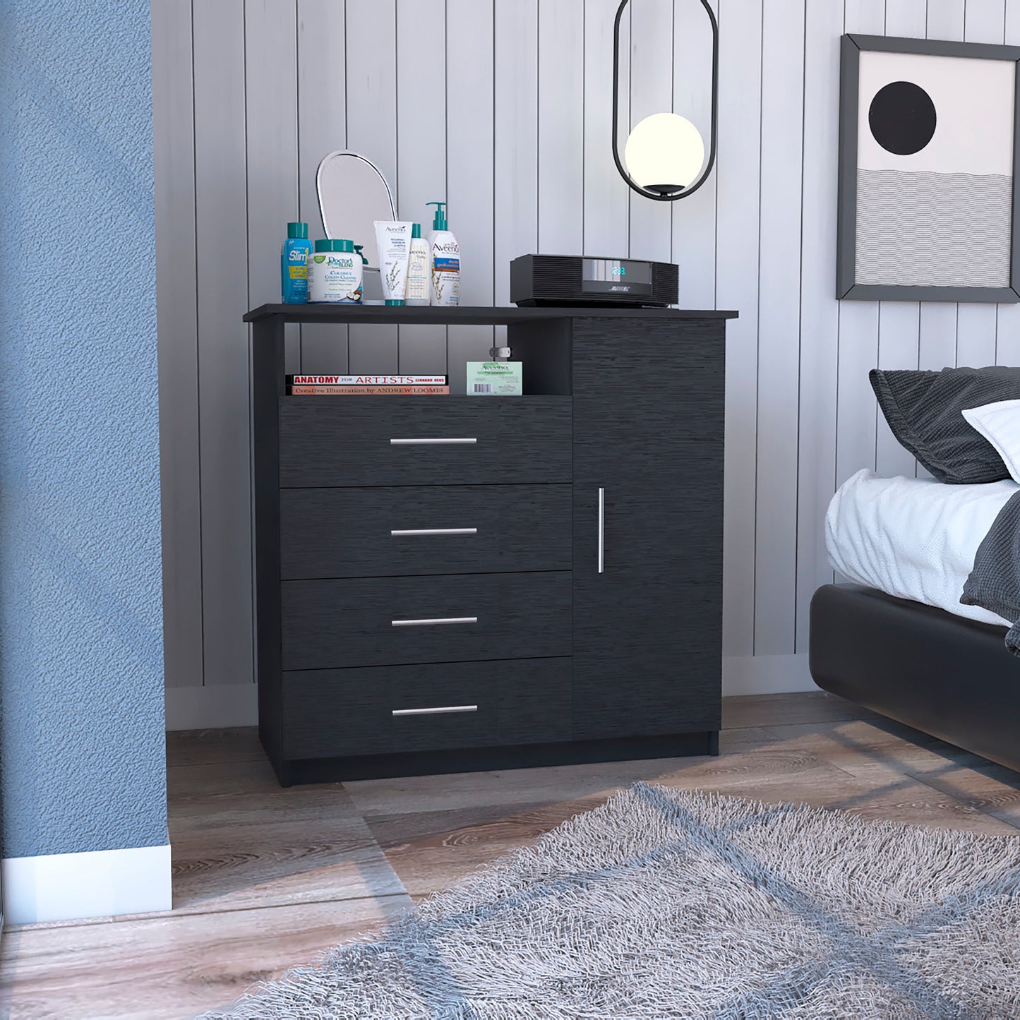 Sleek Black 4 Drawer Dresser with Open Shelf and Cabinet Storage