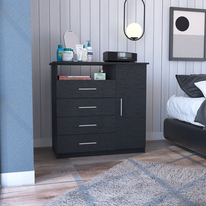 Sleek Black 4 Drawer Dresser with Open Shelf and Cabinet Storage