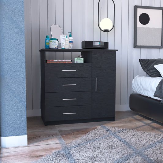 Sleek Black 4 Drawer Dresser with Open Shelf and Cabinet Storage