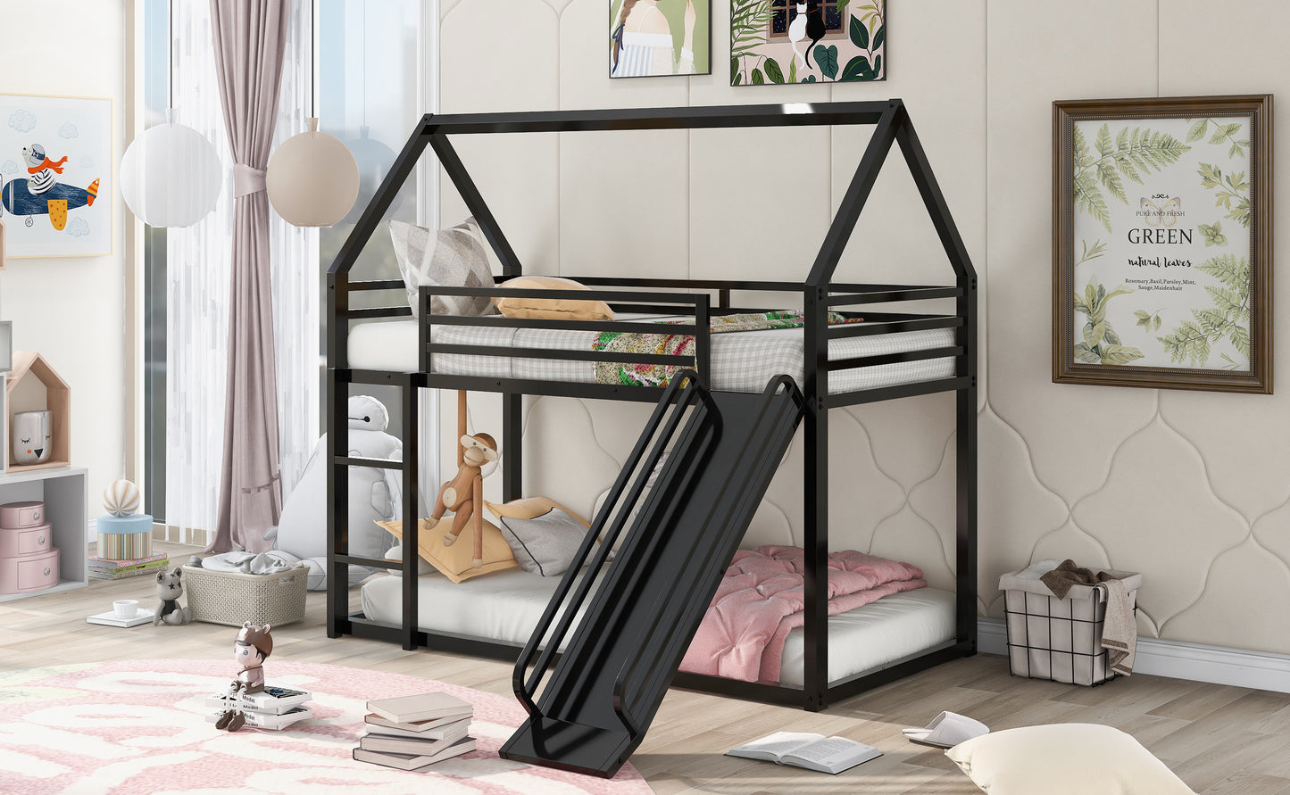 Twin House Bunk Bed with Slide and Ladder in Black for Kids