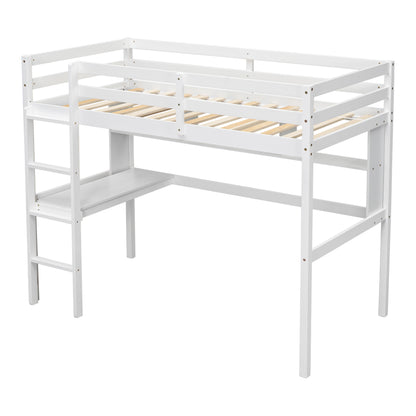 Twin Loft Bed with Integrated Desk and Shelves, Safety Guardrails, and Ladder in White