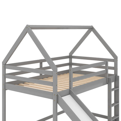 Gray Twin Bunk House Bed with Slide and Ladder for Kids