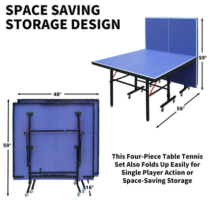 8ft Table Tennis Table, Foldable & Portable Ping Pong Set with Net, 2 Paddles & 3 Balls, Storage Blue
