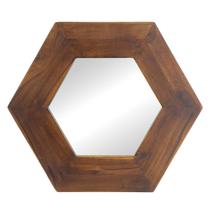 Hexagonal Teak Wood Framed Mirror - 18.5" Wall Decor for Living Room, Bathroom, or Hallway in Dark Brown