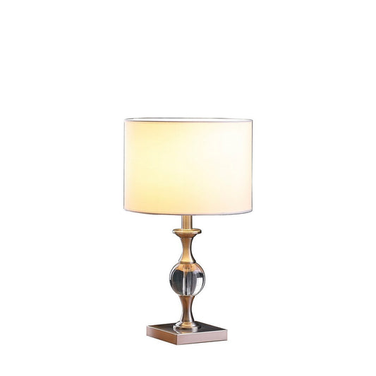19.75-Inch Solid Crystal Orb Table Lamp with Metal Base, White Drum Shade, E26, 100W Max, Satin Nickel