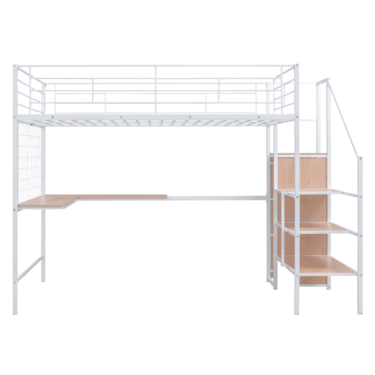 Stylish Full Size Metal Loft Bed with Integrated Desk and Storage Solutions in White