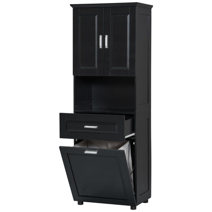 Stylish Tall Black Bathroom Storage Cabinet with Removable Laundry Basket and Ample Organizing Space