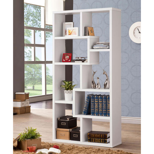 Elegant Geometric 8-Shelf White Wood Bookcase