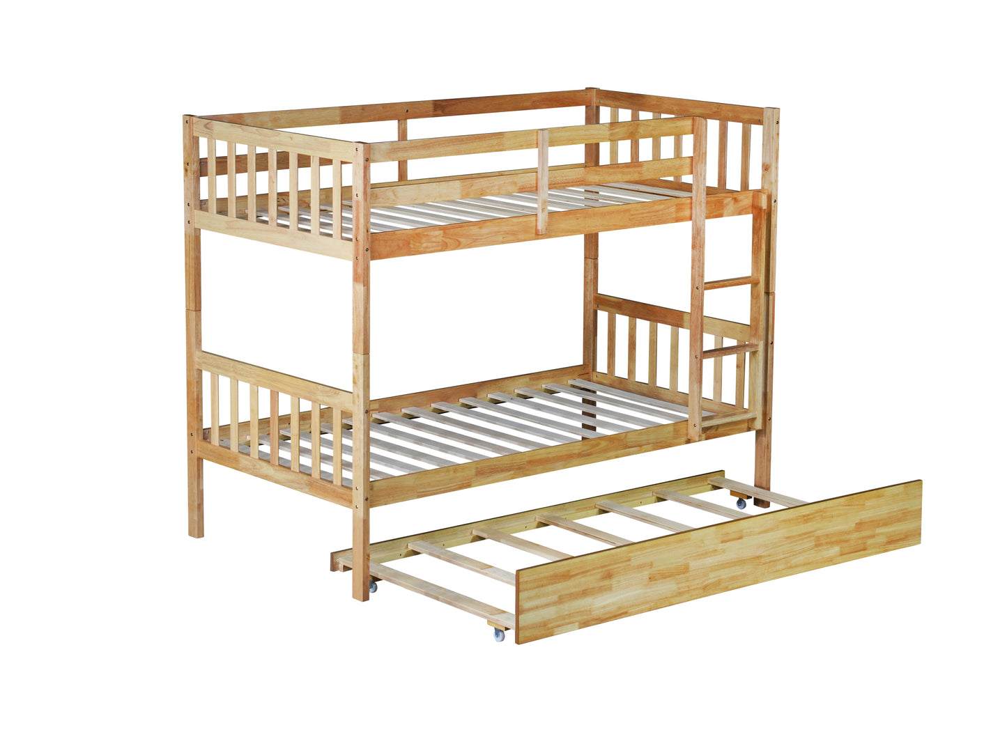 Convertible Twin Over Twin Bunk Bed with Trundle, Rubber Wood Design, Ladder & Safety Guardrails, Natural Finish