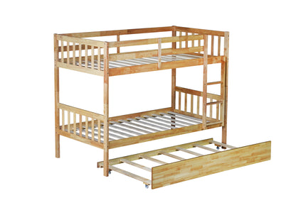 Convertible Twin Over Twin Bunk Bed with Trundle, Rubber Wood Design, Ladder & Safety Guardrails, Natural Finish