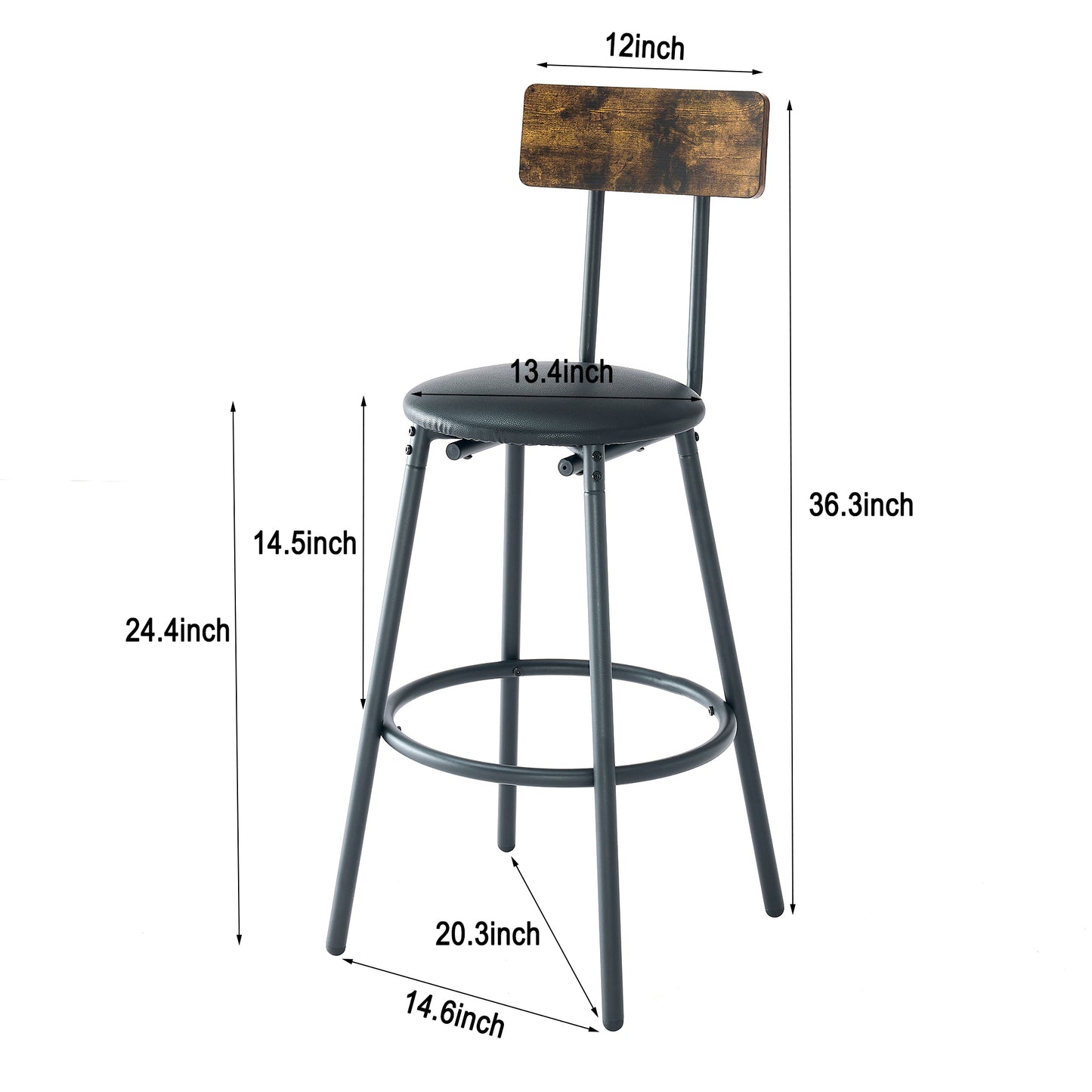 Round Bar Table & Stool Set with Shelf, Upholstered Backrest, Metal & Wood, 24-In Table, 36-In Height, Rustic Brown