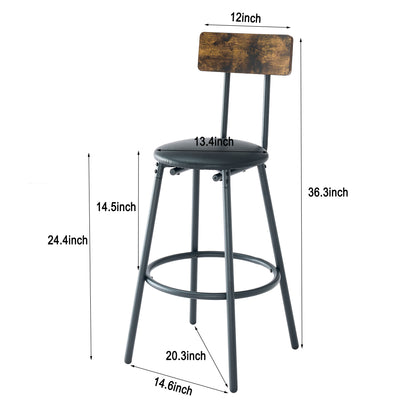 Round Bar Table & Stool Set with Shelf, Upholstered Backrest, Metal & Wood, 24-In Table, 36-In Height, Rustic Brown
