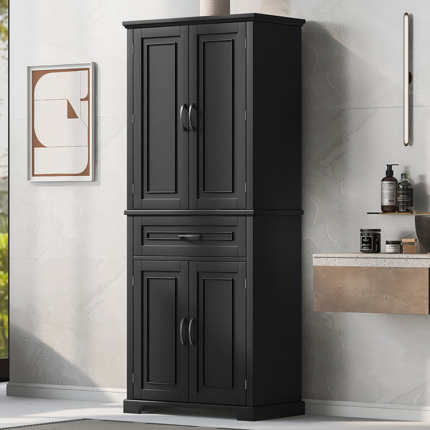 Tall Black Bathroom Storage Cabinet with Adjustable Shelf, Doors, and Drawer for Versatile Organization
