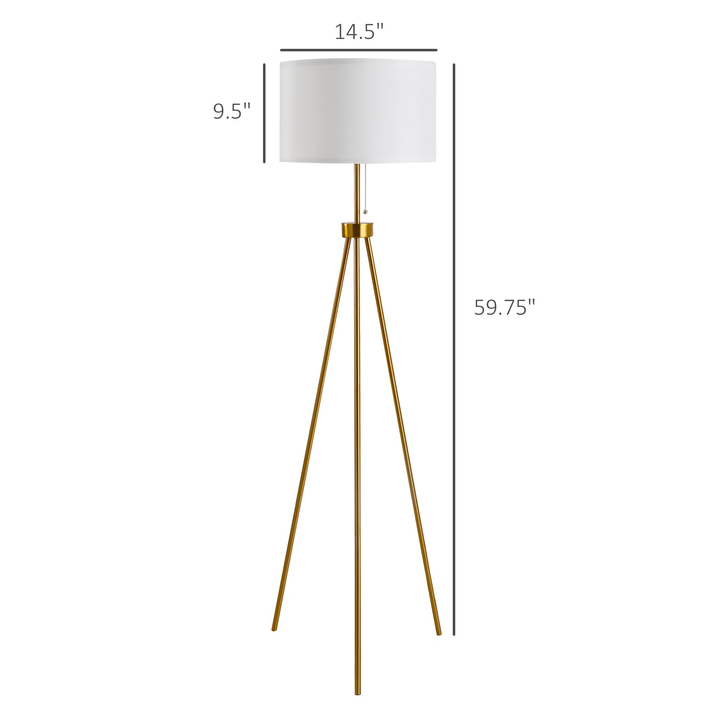 59.75-Inch Standing Floor Lamp with Fabric Shade, Steel Tripod, E26 Socket, 14.5-Inch Shade, 120V Gold